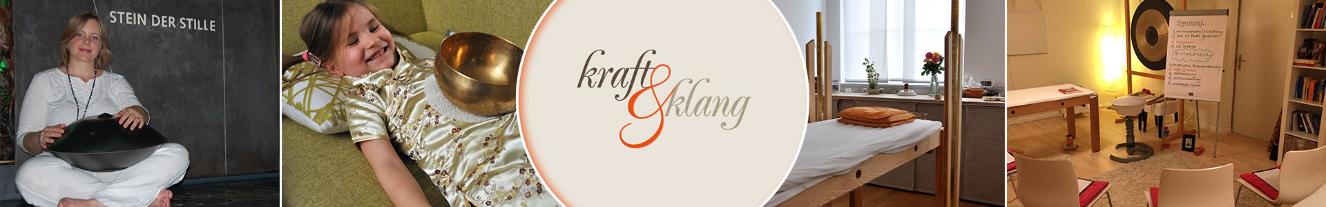 Medley mit Isabelle an Hang, Logo, Kind mit Bauchschale, Klangröhren,Praxisraum ready für Seminar